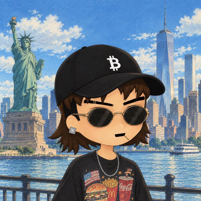 An anime-style chibi character wearing a Bitcoin cap, sunglasses, and a fast food-themed shirt poses in front of the Statue of Liberty and NYC skyline, with "GM CT" and a shoutout to $BTC sounding bullish and "hungry" for more upside while anticipating a potential correction—visually playing on the "hungry" theme through the burger, fries, and Coca-Cola graphic on the shirt.