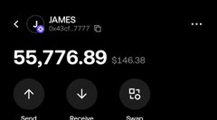 A cryptocurrency wallet screenshot showing a balance of $55,776.89 for user 'JAMES' with options to Send, Receive, and Swap.