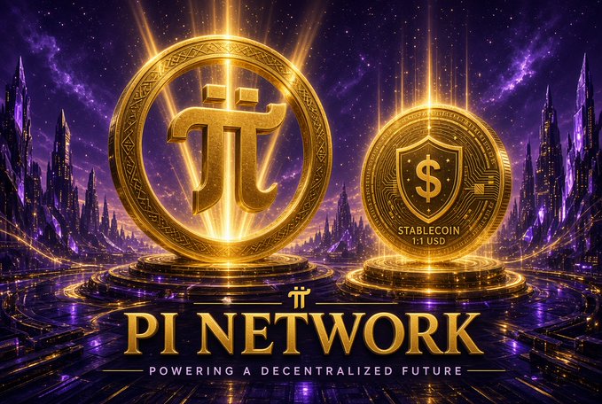 A promotional graphic for "PI NETWORK" featuring a large golden Pi symbol and a golden stablecoin coin labeled "STABLECOIN 1:1 USD," with the tagline "POWERING A DECENTRALIZED FUTURE" against a purple cosmic background with futuristic spires.