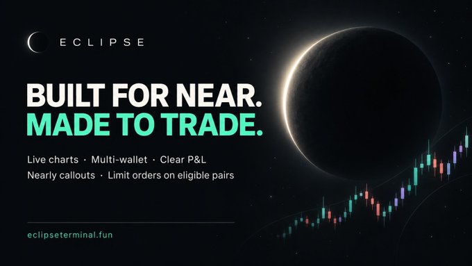 A digital advertisement for 'ECLIPSE' with the tagline 'BUILT FOR NEAR. MADE TO TRADE.' and website 'eclipseterminal.fun', featuring a crescent moon and a cryptocurrency chart.