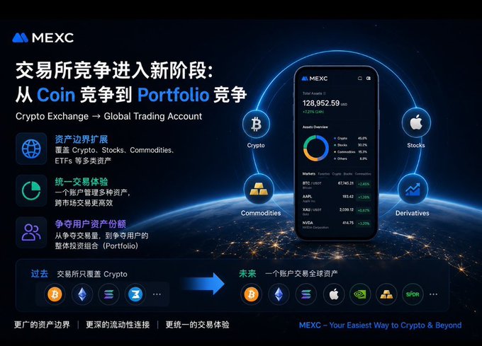 A promotional graphic for MEXC cryptocurrency exchange featuring a mobile app interface displaying total assets of '128,952.59 USD' (+2.13%), showing asset categories including Crypto, Stocks, Commodities, and Derivatives, with Chinese text discussing the evolution from 'Coin competition' to 'Portfolio competition'.