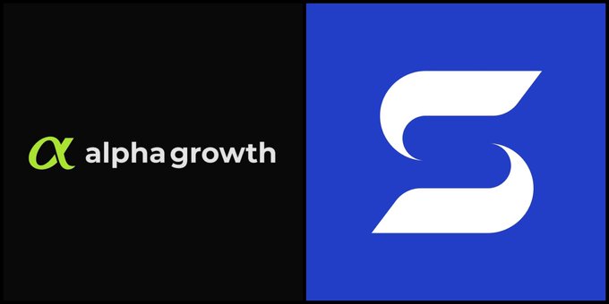The image shows the AlphaGrowth logo and name on a black background beside a stylized white “S” logo on blue. It visually represents AlphaGrowth’s Cardano Prime mission to strengthen Cardano DeFi by improving protocols, attracting liquidity, and activating capital.