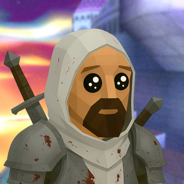 A low-poly 3D rendered character of a hooded warrior or knight with large anime-style eyes, a beard, and blood-stained armor holding two swords against a dramatic sunset background.