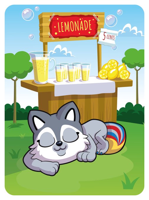 An illustration shows a sleeping grey husky resting beside a colorful striped ball in front of a wooden lemonade stand selling lemonade for 5 cents.