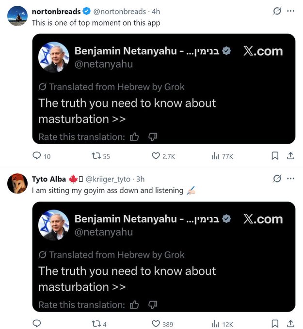 A screenshot of social media posts quoting a tweet by Benjamin Netanyahu (@netanyahu) translated from Hebrew by Grok reading "The truth you need to know about masturbation >>", with users commenting below.