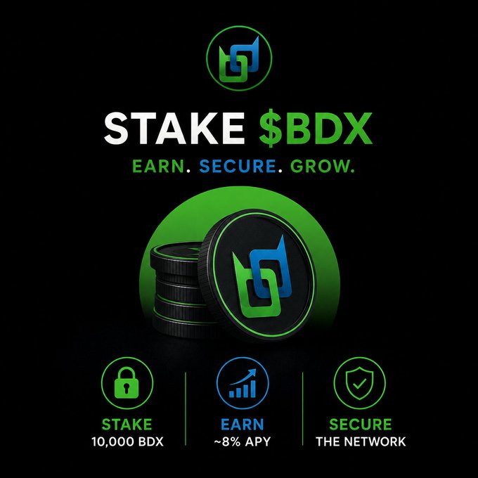 Promotional graphic for staking $BDX tokens, advertising approximately 8% APY rewards with icons highlighting the stake, earn, and secure features of the network.