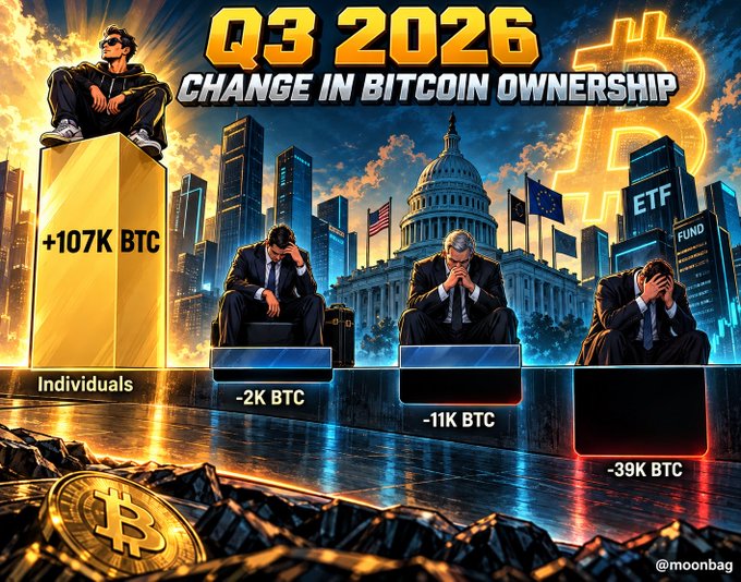 The image, titled "Q3 2026 Change in Bitcoin Ownership," displays a bar chart contrasting individuals gaining +107K BTC against institutions losing BTC (-2K, -11K, and -39K), directly supporting the post's claim that retail investors accumulated a massive 107,000 BTC while institutional players like ETF funds offloaded their holdings during the quarter.