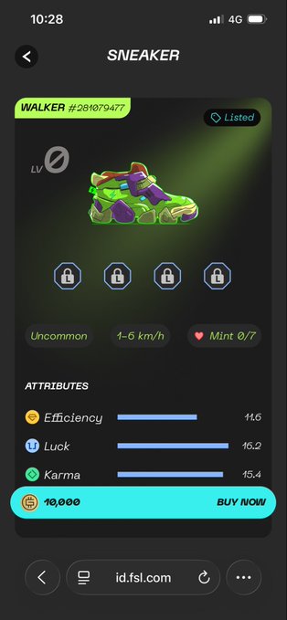 The image shows a sneaker NFT marketplace listing for a "WALKER #281079477" on id.fsl.com, displayed as an Uncommon mint with stats including Efficiency 11.6, Luck 16.2, and Karma 15.4, priced at 10,000 to buy. The post humorously highlights the shoe's Luck stat of 16.2 ("オールL L値16.2"), meaning all attributes lean toward Luck, and jokes about the user's dilemma over whether to actually use their strong sneaker in the STEPN GO app.