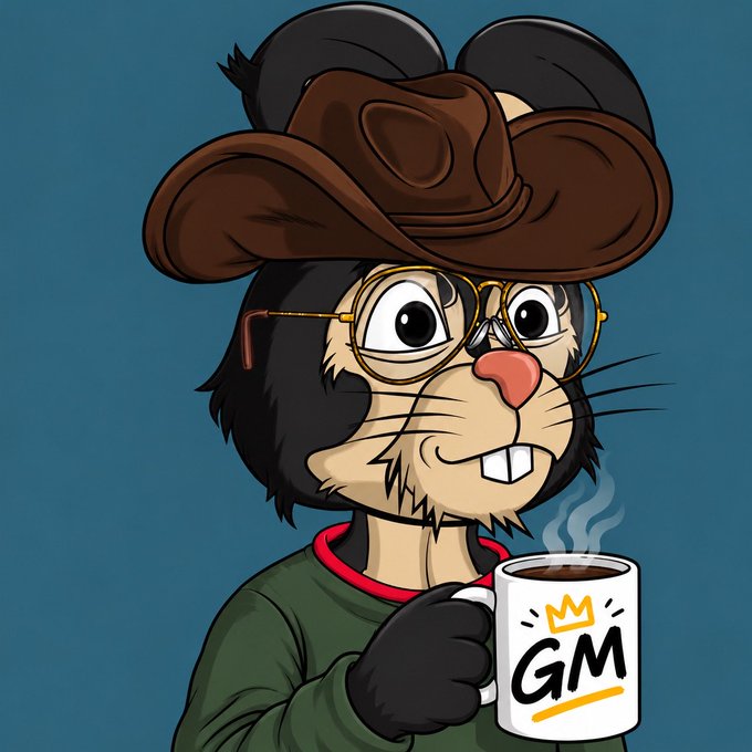 Cartoon illustration of a rodent character wearing a brown cowboy hat and round glasses, holding a steaming coffee mug labeled 'GM' with a crown design.