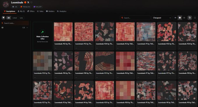 A digital marketplace or NFT collection display titled "Loominials" showing a grid of colorful floral-patterned tile images numbered #10 through #49, with options to make collection offers.