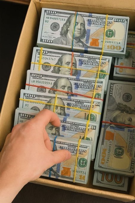 A hand reaches into a cardboard box filled with stacks of US $100 bills bound with colored rubber bands.