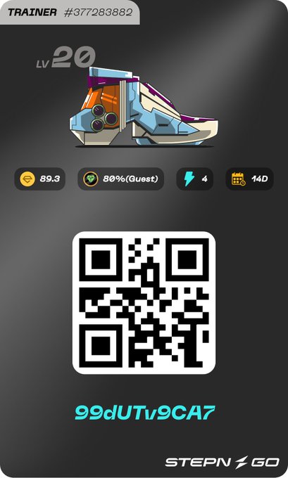 The image features a black background with a white QR code displayed at the top of the frame, which appears to be a training app for a video game called "Stepn Go". The code reads "99dUTv9CA7 #STEPN Go", indicating that it is an exercise app designed specifically for the game.