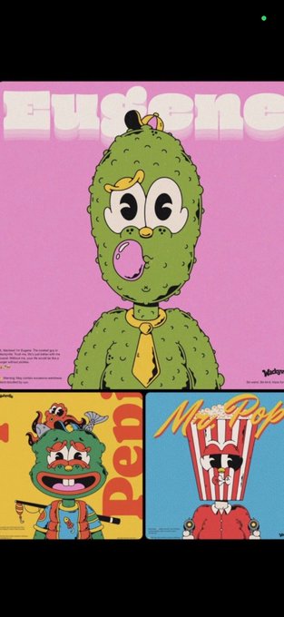 The image showcases three stylized cartoon illustrations, with the top featuring a green cactus-like character wearing a yellow tie against a pink background with the name "Eugene" in large text, alongside other colorful character designs including a red figure and a popcorn-themed character. The artwork reflects the distinctive 1930s cartoon aesthetic and surreal hand-drawn style associated with artist @uyo66_, highlighting the recognizable creative signature that has made him a notable figure in the NFT/Web3 art space.