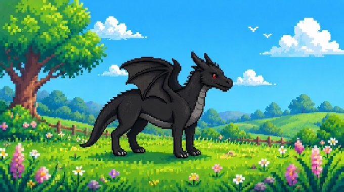 A pixel-art style image of a black dragon with wings and red eyes standing in a vibrant green meadow with flowers, trees, and a blue sky.