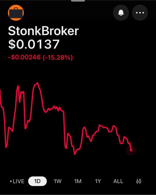 A stock app screenshot showing 'StonkBroker' at $0.0137, down $0.00246 (-15.28%), with a red downward-trending chart.