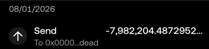 The image shows a blockchain transaction dated 08/01/2026, sending -7,982,204.4872952... tokens to the burn address 0x000...dead. This visually confirms the post's claim of burning approximately $2,000 worth of $WARP tokens by sending them to the irreversible 0x000...dead address, permanently removing them from circulation.