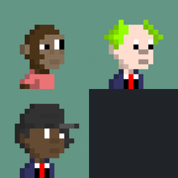 A pixel art image featuring three small character busts against a teal background.