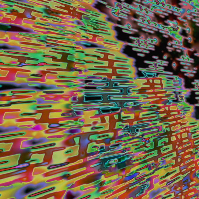 A vibrant, abstract digital artwork featuring wavy, horizontal streaks of neon green, yellow, red, blue, and black, creating a distorted, glitch-like pattern across the frame.