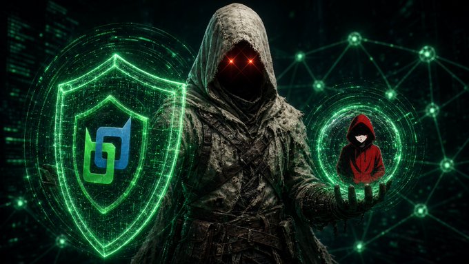 A hooded figure with glowing red eyes holds a glowing green shield bearing the BitDegree-style logo in one hand and a miniature red-hooded avatar in the other, set against a backdrop of interconnected green nodes and circuit-like patterns, symbolizing cybersecurity protection and digital identity. The imagery of the shield (security) and the avatar (user identity) ties into the post about safely testing an in-app swap feature in the Electron wallet to move a small amount of BDX tokens without external redirects or issues.