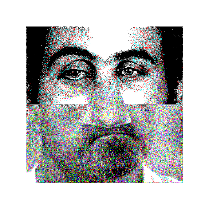 A glitchy, pixelated black and white close-up portrait of a man's face with colorful digital artifacts.