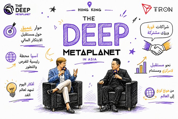 The image is a promotional graphic titled "THE DEEP METAPLANET IN ASIA," set in Hong Kong, featuring a sketched illustration of two men in armchairs engaged in conversation, with Justin Sun seated on the right. Arabic text surrounds the central graphic, highlighting themes like Bitcoin's future as a global store of value, strong and diverse partnerships, founding the primary network, tomorrow's ideas driving future leaders, and growing toward a sustainable future for everyone worldwide, while logos for "The Deep Metaplanet" and "TRON" appear in the top corners. The illustration visually reinforces the post's narrative about Justin Sun's evolution from early Bitcoin discovery to building TRON, symbolizing crypto's journey from experimental idea to essential financial infrastructure.