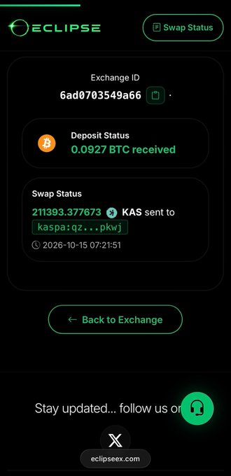 A cryptocurrency exchange status screen from ECLIPSE showing Exchange ID 6ad0703549a66, with 0.0927 BTC received as deposit and 211393.377673 KAS sent to address kaspa:qz...pkwj.