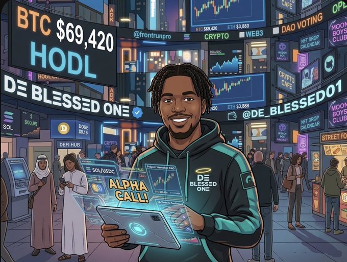 The image shows a cartoon figure wearing a "DE BLESSED ONE" hoodie, standing in a futuristic crypto district with billboards displaying "BTC $69,420," "HODL," "ETH $3,580," "SOLUSDC," and "ALPHA CALL!" The scene's emphasis on Solana-related tickers and "DeFi Hub" signage visually reinforces the post's theme about Web3 vulnerabilities and the unique security challenges developers face on Solana compared to traditional Web2 coding.