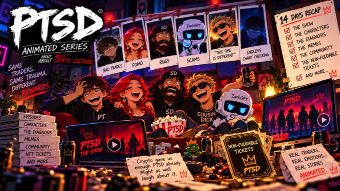 A promotional graphic for an animated series called 'PTSD' about crypto culture, featuring cartoon characters labeled with terms like 'BAD TRADES,' 'FOMO,' 'RUGS,' 'SCAMS,' 'THIS TIME IS DIFFERENT,' and 'ENDLESS CHART CHECKING.'