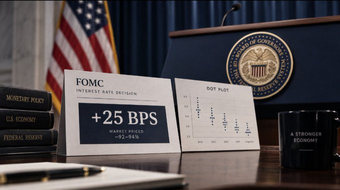 The image shows a desk setup featuring signs reading "FOMC INTEREST RATE DECISION +25 BPS" and a "DOT PLOT" chart, alongside Federal Reserve-themed books and a mug labeled "A STRONGER ECONOMY," with the U.S. flag and Federal Reserve Board seal in the background—visually announcing the Fed's first rate hike since 2023, as referenced in the post.