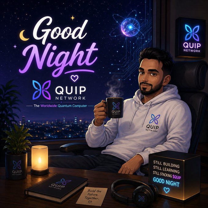 A man wearing a "QUIP NETWORK" hoodie relaxes with a branded mug at a cozy nighttime desk setup featuring a candle, headphones, and a glowing sign reading "STILL BUILDING STILL LEARNING STILL STACKING SQUIP GOOD NIGHT," with the "Good Night" and "QUIP Network - The Worldwide Quantum Computer" graphics reinforcing the post's message of gratitude and dedication to building the future of decentralized quantum computing.