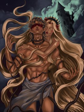 A dark fantasy digital artwork depicting two embracing figures with long flowing blonde hair, crowns, and blindfolds, with a Gothic castle visible in the background.