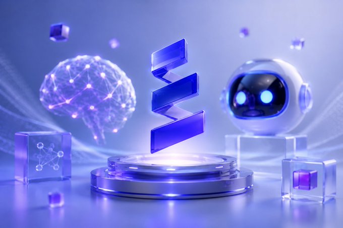 A 3D-rendered abstract image with blue and purple tones showing a stylized lightning bolt logo, a glowing digital brain, a robot head, and floating cubes on a pedestal.