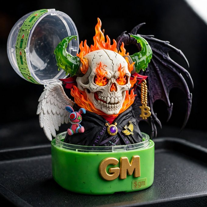 Detailed designer toy/figurine of a flaming skull with green horns, one white angel wing and one purple demon wing, featuring a Bitcoin charm, sitting in a green box labeled 'GM'.