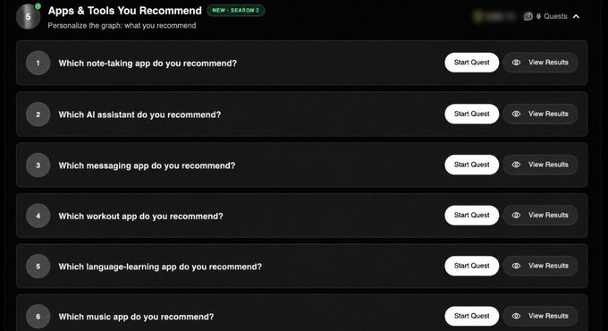 A dark-themed app interface titled 'Apps & Tools You Recommend - NEW - SEASON 2' listing numbered questions about recommended note-taking apps, AI assistants, messaging apps, workout apps, language-learning apps, and music apps, each with 'Start Quest' and 'View Results' buttons.