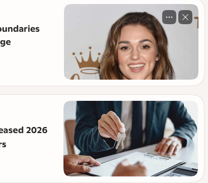 A cropped webpage showing partial images including a smiling woman with brown hair next to a gold crown illustration, and below it a photo of a person in a suit handing over keys during what appears to be a real estate or rental transaction.