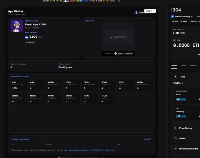 A cryptocurrency wallet interface displays 'Based Ape #1304' from the ERC-721 contract 'BAAG', showing a bag balance of 5,000 $BAG and tokenized holdings for various companies.