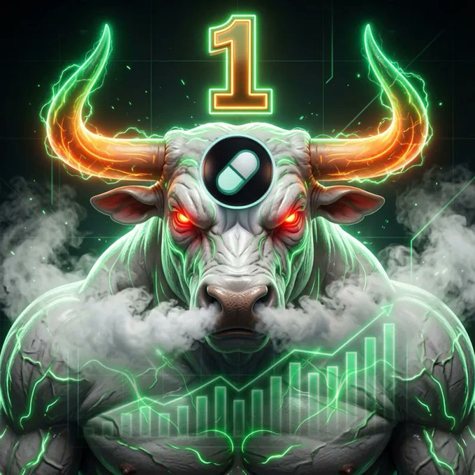 A fierce bull with glowing green veins and red eyes sports a glowing orange "1" above its head, symbolizing $LEVI's achievement as the #1 volume token on Pump.fun, with an ascending green chart across its chest representing its bullish momentum and growth.