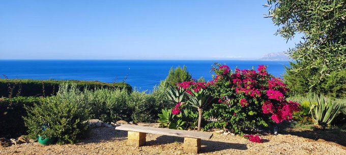 A scenic Mediterranean coastal view featuring a wooden bench, vibrant pink bougainvillea flowers, and a deep blue sea under a clear sky.