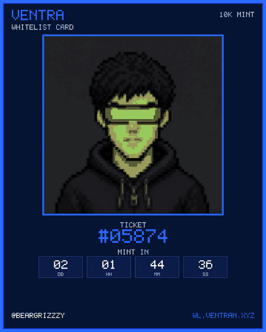 A pixel art NFT card labeled 'VENTRA WHITELIST CARD' featuring a character with green glasses and ticket #05874, with a mint countdown and '@BEARGRIZZZY' and 'wl.ventran.xyz' branding.