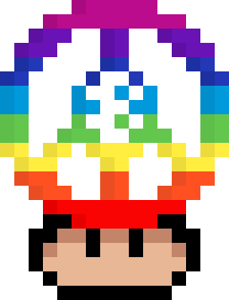 A pixel art mushroom with a red cap, white spots, and a rainbow-colored underside, resembling a Super Mario power-up.