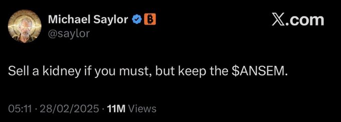 A tweet from Michael Saylor (@saylor) reading 'Sell a kidney if you must, but keep the $ANSEM,' posted on 28/02/2025 with 11M views.