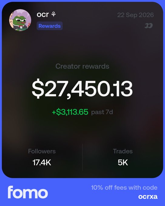 The image shows a creator rewards dashboard for user "ocr" dated 22 Sep 2026, displaying total earnings of $27,450.13 with a +$3,113.65 increase over the past 7 days, alongside 17.4K followers and 5K trades. This visual supports the "Day 1 of posting my fomo creator rewards" post by showcasing the creator's substantial earnings as a starting benchmark for tracking future growth on the Fomo platform.