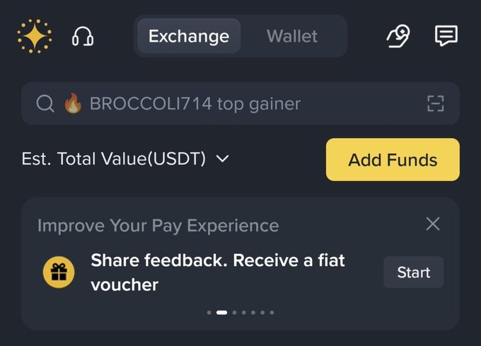 A Binance app interface showing an Exchange tab, a search for 'BROCCOLI714 top gainer', and an 'Add Funds' button next to an Est. Total Value (USDT) display.