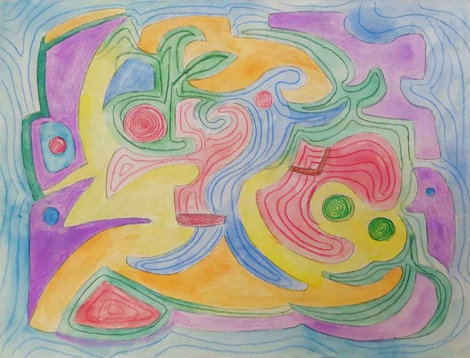 An abstract watercolor painting featuring swirling organic shapes in purple, orange, yellow, green, and pink with concentric circular patterns.