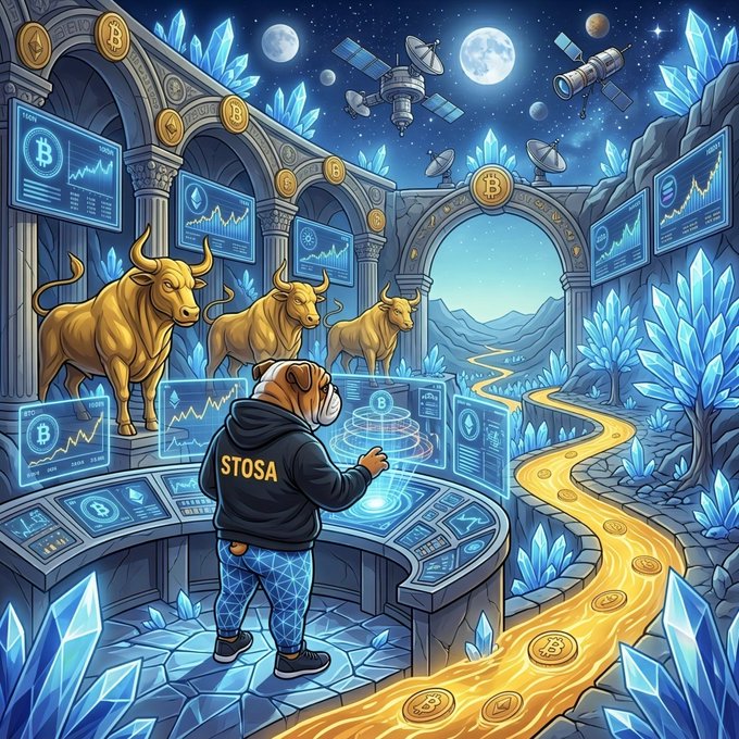 Digital illustration of a dog character wearing a "STOSA" hoodie at a crypto trading station, with Bitcoin symbols, golden bulls, and a glowing coin river.