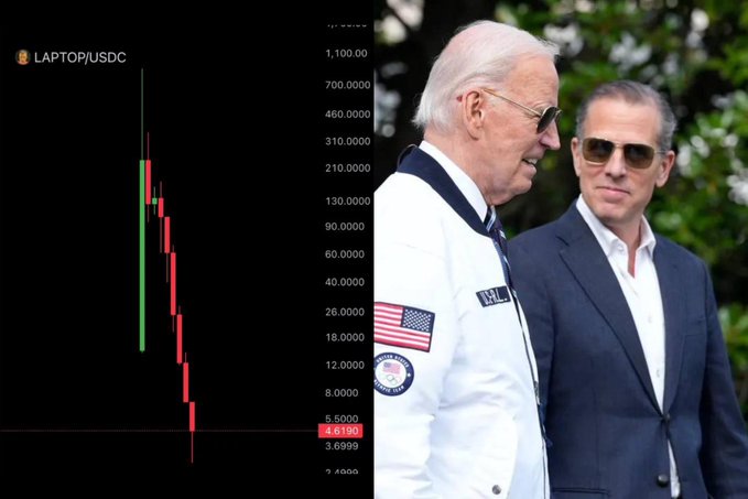 The image shows a sharply declining LAPTOP/USDC candlestick chart alongside a photo of Donald Trump and Hunter Biden. The chart highlights a current price of about 6.19, and the image ties to the rumor that Barron Trump will launch a memecoin to compensate $LAPTOP holders.