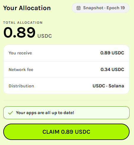 A mobile app screenshot showing a crypto allocation of 0.89 USDC on the Solana network, with a network fee of 0.34 USDC and a green 'CLAIM 0.89 USDC' button at the bottom.