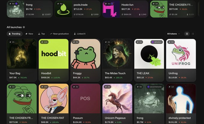 A cryptocurrency dashboard displays multiple memecoin launches with significant price drops, including $FRONG down 0.5%, $pools.trade down 87.1%, $Hookr.fun down 87.3%, $Hoodbit down 116.0%, and $THE CHOSEN FR... down 50.0%, visually illustrating the post's observation that recently launched tokens like $FRONG, $pools, $unifrog, and $chowdlaunch have all experienced substantial market cap declines over the past four days.