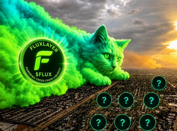 A promotional graphic for '$FLUX' by 'FLUXLAYER - POWERING CROSS-CHAIN LIQUIDITY', featuring a giant glowing green cat hovering over a city skyline at sunset, with green question mark icons scattered in the foreground.