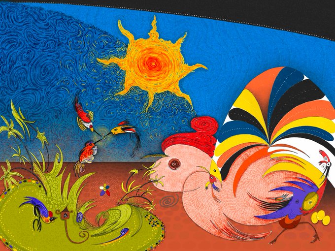 A vibrant, stylized illustration of a rooster and hen in a colorful landscape beneath a swirling sun and textured blue sky.
